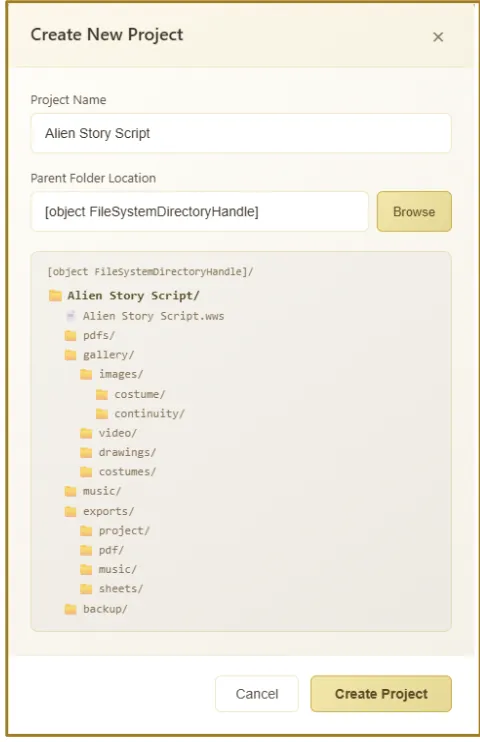 Create project dialog showing folder hierarchy with gallery, music, exports, and backup folders